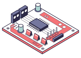 Basic electronic devices and circuit design symbols, isometric illustration concept for engineering learning, isolated semiconductor vector.