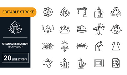 Collection of 20 line icons representing green construction and technology concepts eco friendly sustainability