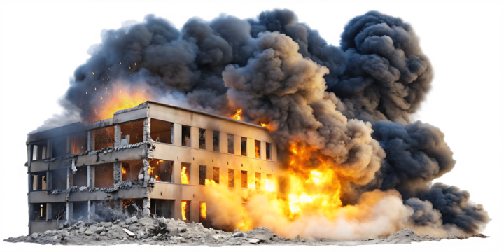 Collapsed building engulfed in fire and smoke isolated on a transparent background