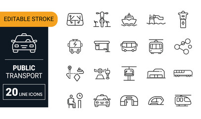 Collection of 20 public transport and travel line icons with editable stroke transportation