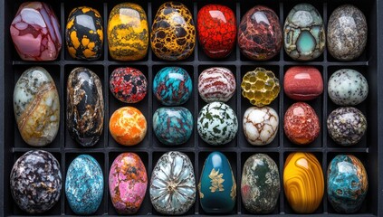 Fototapeta premium Box of polished, diverse stones, each uniquely patterned