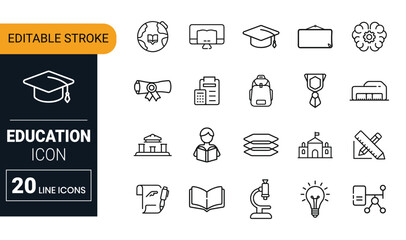 Collection of black outline education icons on white background learning school