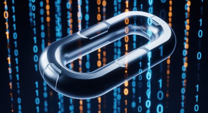 Metallic chain links floating against digital binary code backdrop with glowing blue and orange data streams. Perfect for blockchain, cryptocurrency, and cybersecurity presentations or websites.