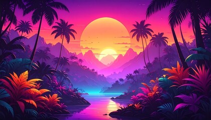 Vibrant Retro-Futuristic Tropical Sunset Over Lush Jungle River Valley.
