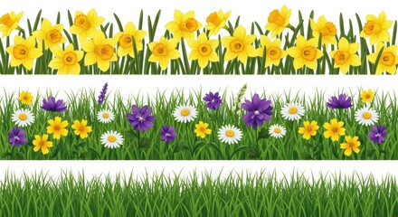 Three grass borders with spring flowers. Top features golden daffodils, middle shows mixed wildflowers including daisies and cosmos among grass, bottom displays simple green grass.