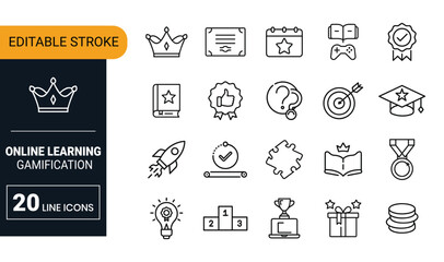 Collection of line icons for online learning gamification including crowns trophies and awards certificate