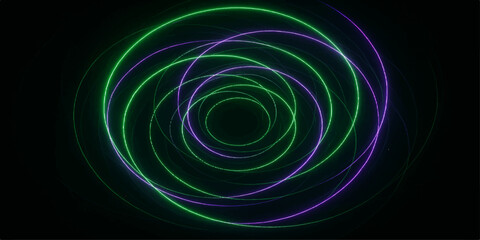 Abstract green background with swirling circles and glowing purple and blue energy patterns