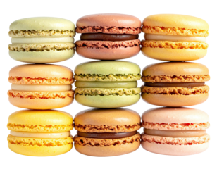 Assortment of colorful, round, sandwich-like cookies arranged in a 3x3 grid