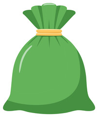Cartoon green sack with a gold drawstring, treasure bag graphic, simple vector illustration