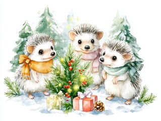 Fototapeta premium Cute Hedgehog Friends Celebrate Christmas With Presents And Tree In Snowy Winter Scene