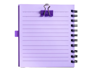 A purple spiral notebook with lined paper, held by a binder clip