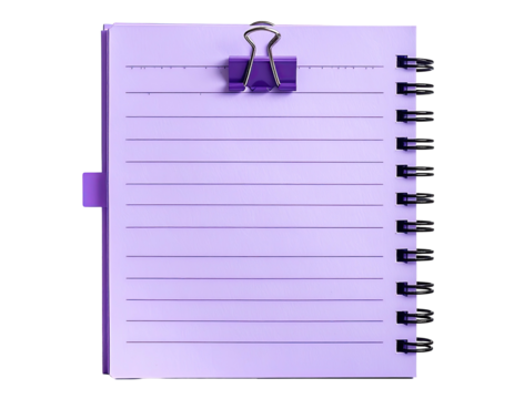 A purple spiral notebook with lined paper, held by a binder clip