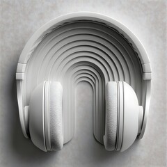 Minimal white headphones illustration with layered design in modern surreal paper art style. Music concept
