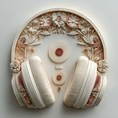 Decorative headphones illustration with floral ornaments and vintage style details in creative surreal design. Music concept
