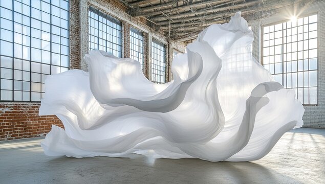 Ethereal white fabric sculpture in a bright, industrial space
