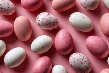 A collection of pinkcolored eggs resting on a matching pink surface