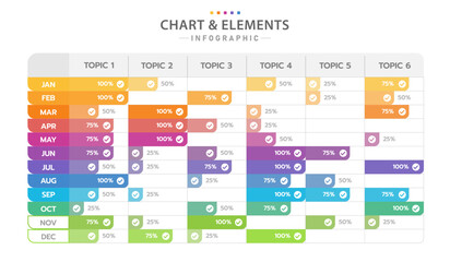 Infographic template for business. Monlty 12 Steps Modern Project planing Table diagram with percentage check list, presentation vector infographic.