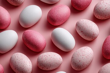 A collection of pinkcolored eggs resting on a matching pink surface