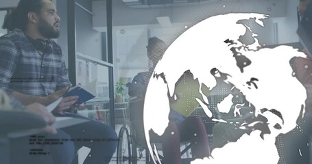Man flipping notebook and woman gesturing initiating rotating globe overlay in business discussion - Powered by Adobe
