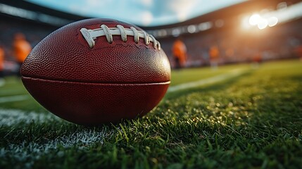 Football on grass field with blurred players and bright stadium lights in background. Sports concept
