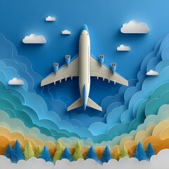 Airplane flying above layered clouds and colorful landscape with trees in decorative paper art style. Travel concept
