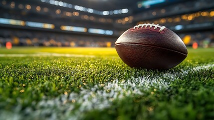 Close up of football on green grass field inside illuminated stadium with bright lights. Sports concept
