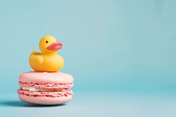 Yellow rubber duck placed on top of pink macaron against pastel blue background, playful surreal food and toy concept with bright minimal design
