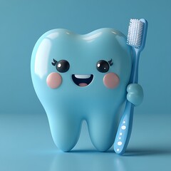 Blue tooth cartoon character with toothbrush and cheerful face in fun dental health illustration. Health concept
