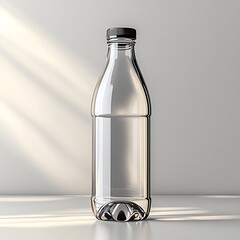 Empty transparent plastic bottle with black cap standing on white surface in minimal studio lighting. Object concept
