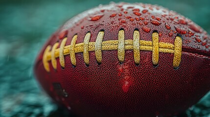 Football close up with water drops on surface creating dramatic sports background. Sports concept
