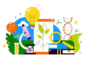 Inspiring science and discovery with vibrant illustrations of DNA, plants, microscopes, lightbulbs, and magnifying glasses for innovative research concepts