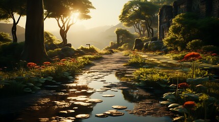 Scenic forest pathway with puddles reflecting sunlight surrounded by trees and mountains in cinematic landscape. Nature concept

