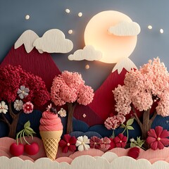 Fantasy landscape with ice cream cone, cherry blossoms, mountains, and glowing moon in surreal layered design. Food concept
