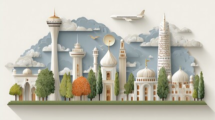 World landmarks and skyscrapers with airplane and clouds in creative layered illustration of global travel. Travel concept
