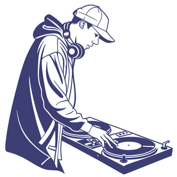 Dark blue silhouette of aDJ with headphones and two turntables