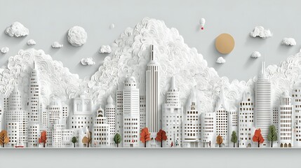 Minimal city skyline in white layered paper style with mountains, clouds, and trees in creative design. Urban concept

