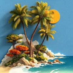 Scenic tropical island with palm trees, rocks, colorful foliage, sandy beach, and bright sun in layered paper art design. Travel concept
