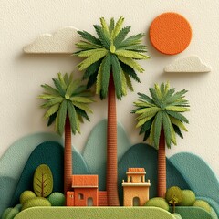Palm trees standing behind small traditional houses with sun and clouds in colorful layered paper illustration. Nature concept
