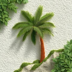Green palm tree illustration on textured white background with leaves and sand elements in minimal decorative style. Nature concept
