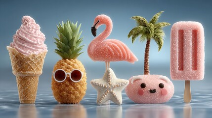 Tropical holiday icons of ice cream cone, pineapple, flamingo, popsicle, palm tree, starfish, and cute dessert arranged in creative 3D display. Travel concept
