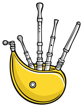 Hand drawn illustration of bagpipes against a clean backdrop showcasing Scottish musical heritage and cartoonish representation
