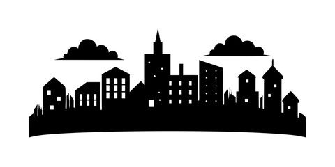 Fototapeta premium Silhouette of a cityscape with various buildings and clouds in a black and white view