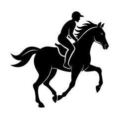 Silhouette of a horse and rider in motion against a white background design art