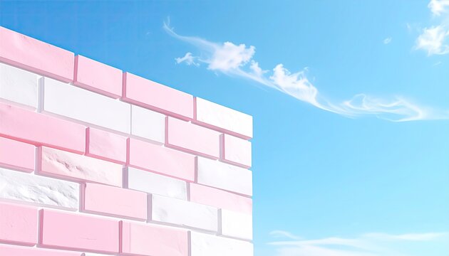 Pastel pink and white brick wall against bright blue sky with wispy clouds