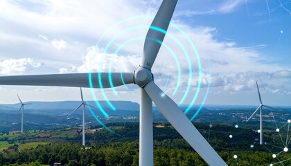 Wind turbines generate electricity atop rolling hills, with energy-related digital overlays