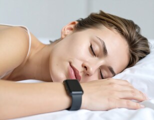 Obraz premium Woman asleep on a bed, wearing a smartwatch, peaceful expression