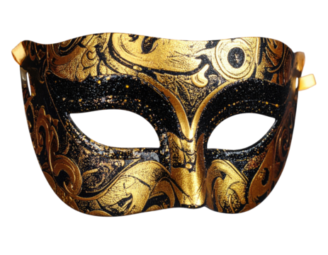 Ornate black and gold masquerade mask with swirling decorative details
