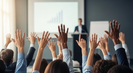 Business meeting with raised hands. Presenter at whiteboard while engaged audience participates by raising hands to ask questions. Ideal for corporate training and communication concepts.