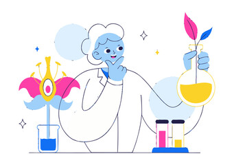 Scientist thoughtfully innovating in laboratory, developing novel plant growth solutions for sustainable agriculture and biotechnology advancements with a modern science aesthetic