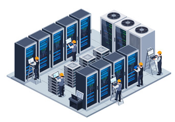 Isometric illustration of data center engineers working with servers, cables, and cooling systems, symbolizing IT infrastructure, cloud storage, cybersecurity, and modern digital technology management